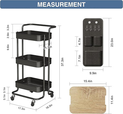 DTK 3 Tier Metal Utility Rolling Cart with Table Top and Side Bags, Tray Storage Organizer Wheels, Art Craft 4 Hooks for Kitchen Bathroom Office Living Room (Black)