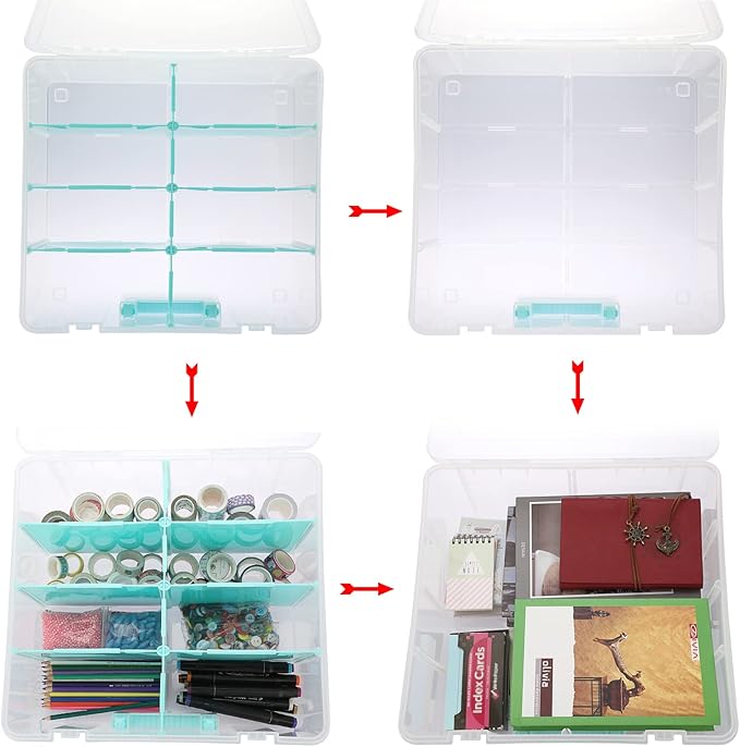 BTSKY Clear Plastic Dividing Storage Box with 8 Deep Compartments Adjustable Storage Bin with Lid Portable Craft Storage Container Multipurpose Sewing Box Art Supply Organizer, 15.1x13.9x6.1 Inches