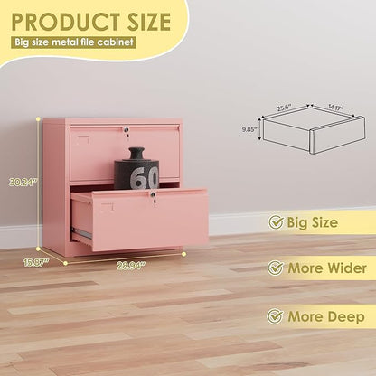 30.24" H Lateral File Cabinet 2 Drawer,Metal Wide Filing Cabinet with 2 Locks and Business Card Slot for Home Office School Hanging Letter/Legal/F4/A4 Size Folders,Required Assembly,Pink