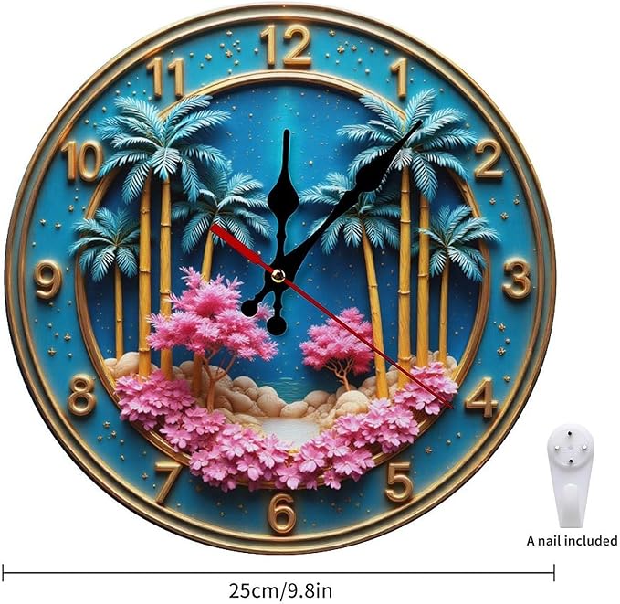 Wall Clock， Tropical Beach Non Ticking Wall Clocks Battery Operated， Blue Wooden Wall Clocks for Kitchen， Living Room， Bedroom， Office， Bathroom Decorative 25 * 25cm