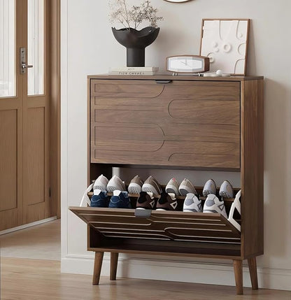 Shoe Cabinet with 2 Flip Drawers, Freestanding Shoe Storage Cabinet with Fluted Panel Design, Hidden Shoe Organizer Rack for Enterway, Hallway, Foyer, Walnut