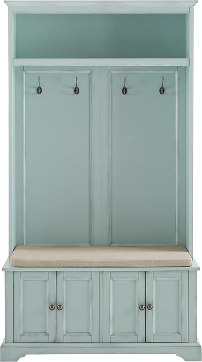 Crosley Furniture Holbrook Hall Tree with Shoe Rack Bench and Coat Hooks for Hanging Storage, Distressed Seafoam Blue