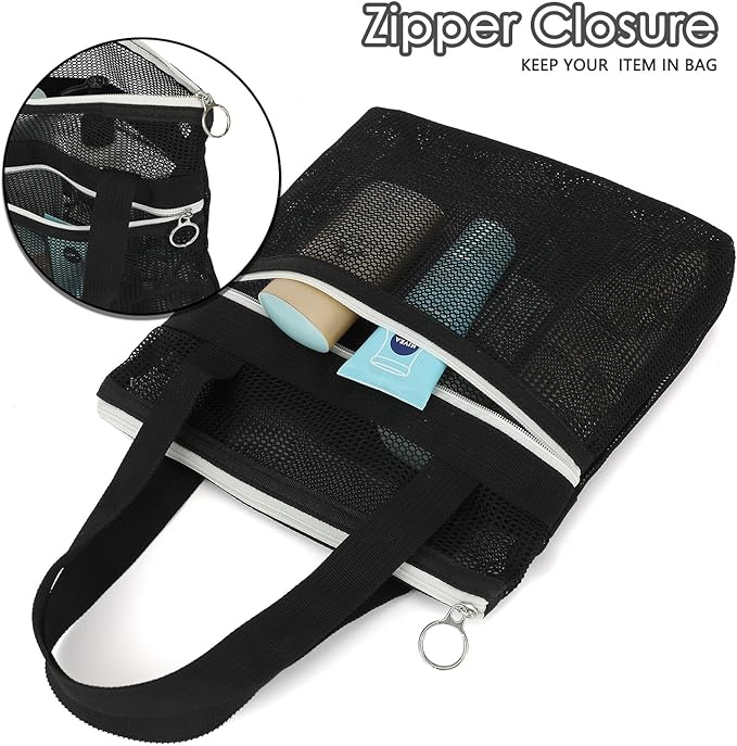 GYEUKHAM Mesh Shower Bag with 2 Zipper Pockets & Dual Handles, Quick-Drying Hanging Shower Caddy for College Essentials,Sunscreen,Dorm, Gym, Travel & Camping, Black