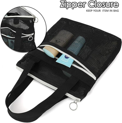 GYEUKHAM Mesh Shower Bag with 2 Zipper Pockets & Dual Handles, Quick-Drying Hanging Shower Caddy for College Essentials,Sunscreen,Dorm, Gym, Travel & Camping, Black