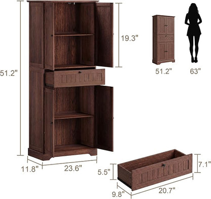 ChooChoo 51" H Tall Bathroom Floor Cabinet, Modern Bathroom Storage Cabinet with Drawer and Adjustable Shelves, Freestanding Kitchen Pantry Cupboard with 4 Doors for Living Room, Walnut