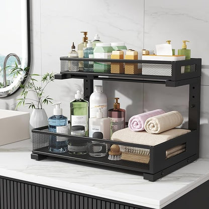 1 Pack 17IN Depth Under Sink Storage Organizer, Large 2-Tier Elegant Mesh Pull Out Shelf for Kitchen and Bathroom Cabinet Organization, L-Shaped and Adjustable Height Design-Black