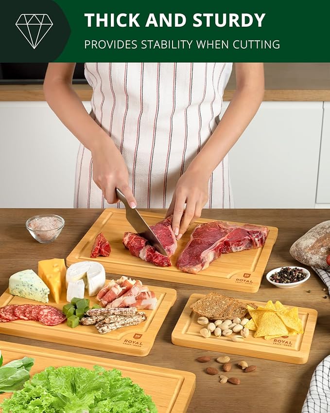 ROYAL CRAFT WOOD Wooden Cutting Boards for Kitchen Meal Prep & Serving - Bamboo Wood Serving Board Set with Deep Juice Groove Side Handles - Charcuterie & Chopping Butcher Block for Meat