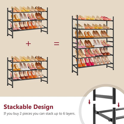 Tajsoon Expandable Shoe Rack for Closet 3 Tier, 28“-41“Adjustable & Stackable Shoe Shelf Storage, Metal Shoe Rack Organizer for Front Door Entrance, Closet, Garage, Entryway, Black