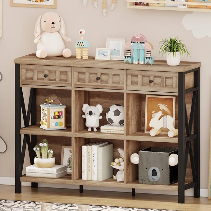 FATORRI Rustic 6 Cube Storage Organizer Bookshelf with 3 Drawers, 47 Inch Long Horizontal Bookshelf, Industrial Wood Short Low Cube Bookcase for Living Room, Home Office (Rustic Oak)