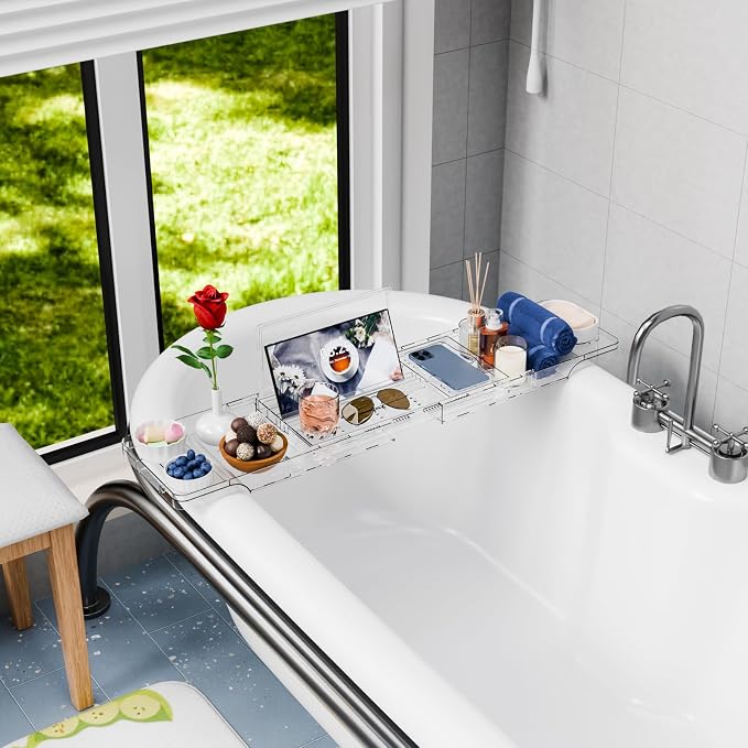 Yieach Luxury Clear Bathtub Shelf Across Tub,Expandable Plastic Bathtub Tray Over The Tub Bath Caddy,Free Standing Bath Table Board & Accessories for Women Relaxing with Reading Book and Ipad Holder