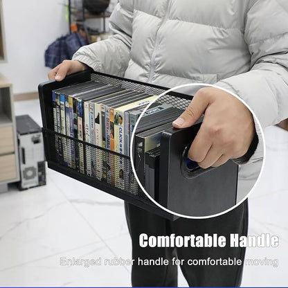 DVD Storage Box, 2 Pack Holds 56 DVDs (28 Each), Stackable Wood & Metal Organizer with Magnetic Opening Door for Blu ray, CDs, Video Game Cases, VHS Tapes