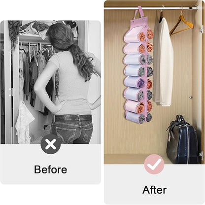 DHSFKBE Legging Organizer Storage, 2PCS T Shirt Organizer, Foldable Hanging Closet Organizer Storage with 16 Roll Independent Compartments for Yoga Pants, Tank Top, Towel, Underwear (Pink)