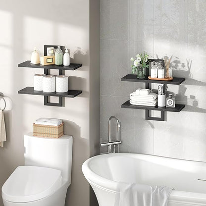 HOOBRO Floating Shelves, 15 Inch Wall Shelf Set of 2, Wall Mounted Storage Shelves 2-Tier, Hanging Bathroom Shelves, for Living Room, Bedroom, Bathroom, Kitchen, Black BK32BJ01