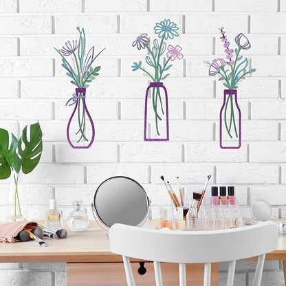 Pigort 3 Pieces Metal Flowers Wall Arts - Rustic Farmhouse Decor Purple Minimalist Flower Wall Decors for Living room Bathroom Bedroom Dining Room-Housewarming Gifts(Purple, Vase-C)