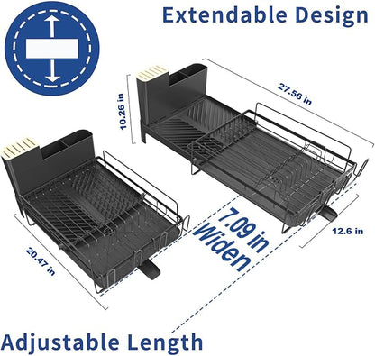 Runnatal Dish Drying Rack Extendable, Large Dish Rack with Drainboard, Utensil Holder, Cup Holder, Expandable Dish Drainer for Kitchen Counter, 20.5"-27.6" L x 12.6" W