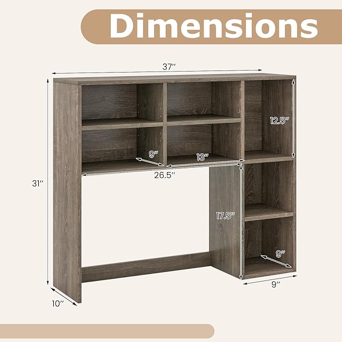 Desk Hutch, Desktop Shelf with 7 Shelves, Desk Bookshelf w/Anti-Toppling Devices, Wood Table Top Bookshelf Organizer, Small Desk Shelf for Study, Office, Dorm (Grey, 7 Shelves)