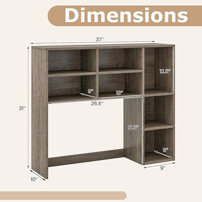 Desk Hutch, Desktop Shelf with 7 Shelves, Desk Bookshelf w/Anti-Toppling Devices, Wood Table Top Bookshelf Organizer, Small Desk Shelf for Study, Office, Dorm (Grey, 7 Shelves)