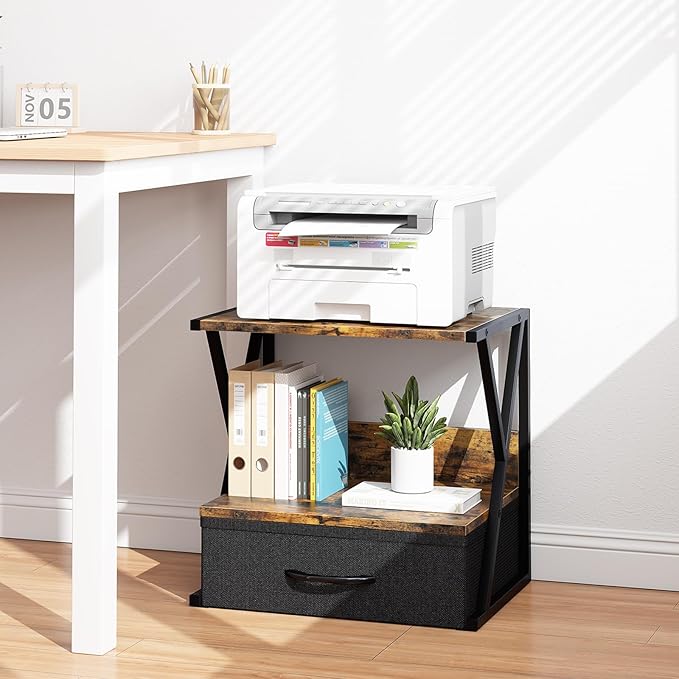 aboxoo Printer Stand for Desk with Storage Drawer, 2 Tier Desktop Or UnderDesk Shelf, Multi-Purpose Desk Organizer for Home Office, fit Fax Machine/3D Printer/Scanner, Rustic Brown