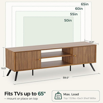 COMHOMA TV Stand for Living Room, Mid Century Modern Entertainment Center for 55/60/65 Inch TVs, Retro Brown TV Console with Fluted Door Cabinets and Open Adjustable Shelve Storage for Bedroom (59In)