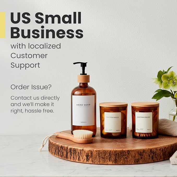 Maisonovo Glass Bathroom Containers with Lids (Airtight) - Qtip Holder - Apothecary Jars for Cotton Rounds, Swabs, Balls - Amber Bamboo Q Tip Dispenser - 2 pc Bathroom Canisters Set for Organization