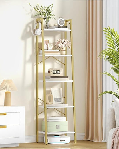 Ladder Shelf, Bookshelf Bookcase, Freestanding Corner Storage Shelve with 2 Hooks for Home Office, Living Room, Kitchen, Bedroom, Industrial, 11.8" D x 17.3" W x 63" H, White Gold BC19213G