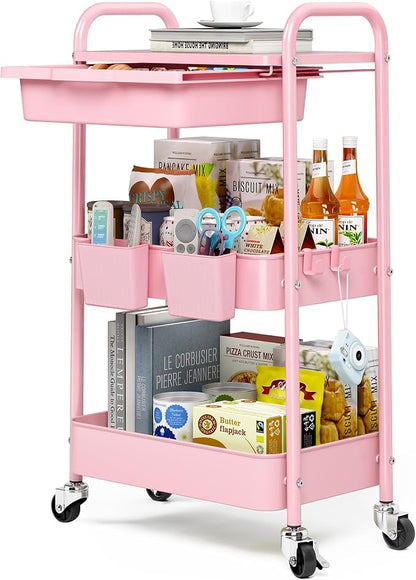 3 Tier Metal Rolling Utility Cart with Drawer & Lockable Wheels - Heavy Duty Multifunctional Storage Organizer with 2 Cups and 4 Hooks for Bathroom, Kitchen, Snack, Craft, Makeup, Baby Essentials