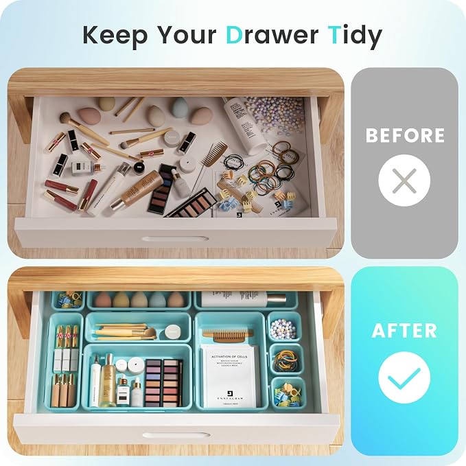 A-LuGei 【Military Grade】 Drawer Organizer, 【𝟱𝗦𝗶𝘇𝗲】 Makeup organizer, 【Holds 177 Items】 Bathroom Organizers and Storage, Organization and Storage, Desk Drawer Organizer for Vanity (Blue)