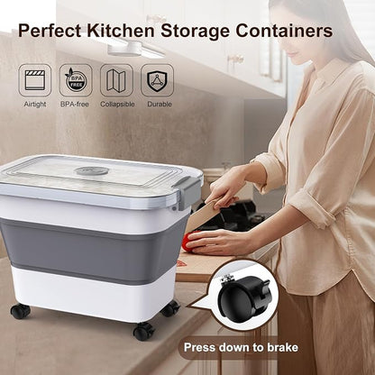 Rice Storage Container, Collapsible Airtight Food Storage Containers 20-30lbs with Clear Lid and Wheels, Rice Dispenser with Scoop for Flour Cereal Pasta Grain, Cat Pet Bird Dog Food Storage Container