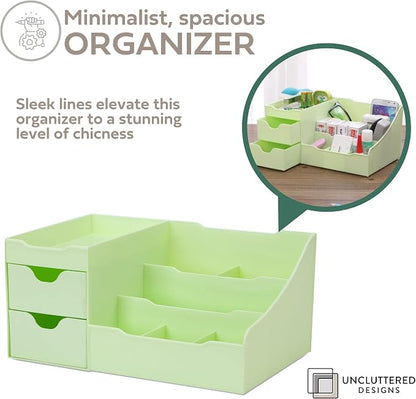 Uncluttered Designs Makeup Organizer With Drawers - Modern Countertop Storage for Cosmetics - Chic Vanity Holder for Perfume, Skincare, Brush, Lipstick, Nail Polish Organization & Display (Green)