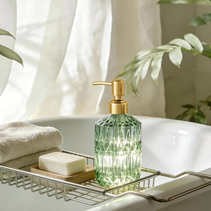 AmazerBath Soap Dispenser Green Glass Soap Dispenser with Pump Stainless Steel, 14.2OZ Luxury Gold Hand Soap Dispensers Bottles Bathroom, Refillable Kitchen Soap Dispenser for Dish Soap, 1 Pack