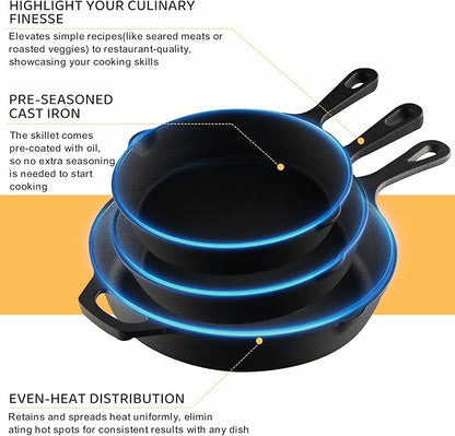 EWFEN Cast Iron Skillet 3-Piece Set, Heavy-Duty Professional Restaurant Chef Quality Pre-Seasoned Pan Cookware Set, 6", 8", 10" Pans For Frying, Saute, Cooking, Use Indoor/Outdoor, Oven, Grill