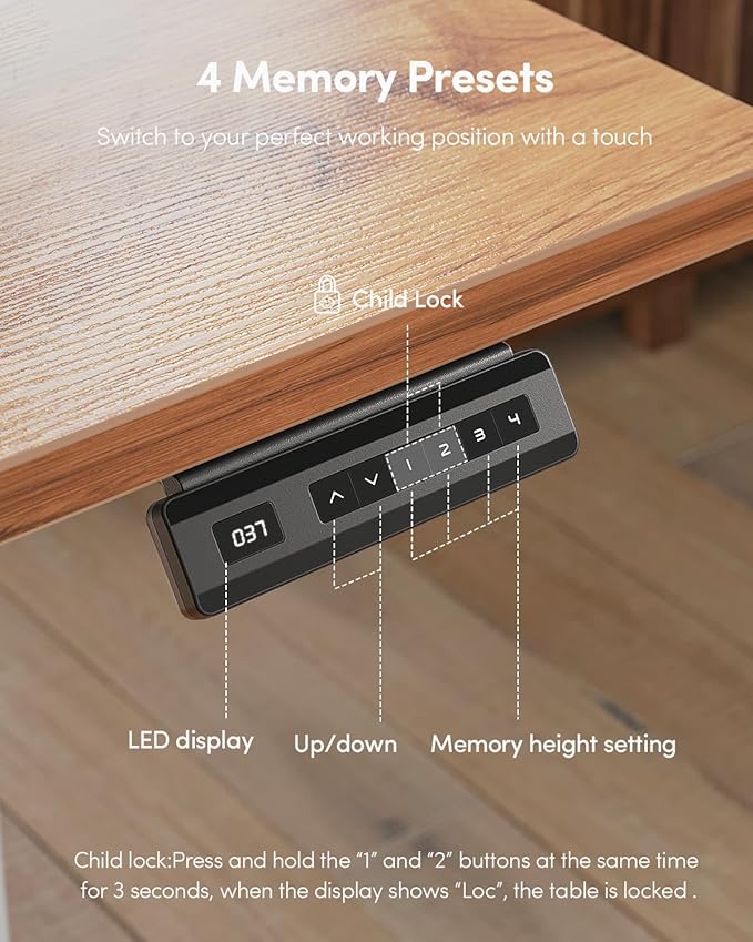 FEZIBO One-Piece Standing Desk Adjustable Height Stand up Home Office Desk, 32x20 Inch Electric Standing Computer Desk, with 4 Memory Presets, Headphone Hook, Light Rustic