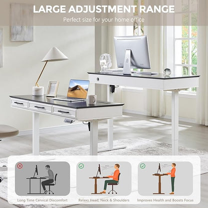 Electric Standing Desk with 3 Storage Drawers, 55x22 Inch Adjustable Height Office Computer Desk w/Power Outlets & One-Piece Desktop, Sit to Stand Up,Gaming Table for Home and Study, White