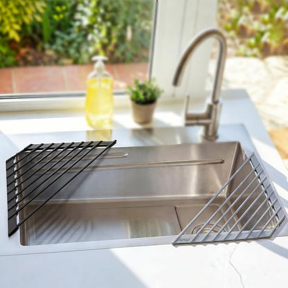 Ohuhu Corner Sink Caddy, Sponge Holder for Kitchen Sink Organizer - Silicone Wrapped Steel Anti Slip Rust Triangle Over the Sink Roll-UP Dish Drying Rack for Sink Corner Kitchen Sink Accessories