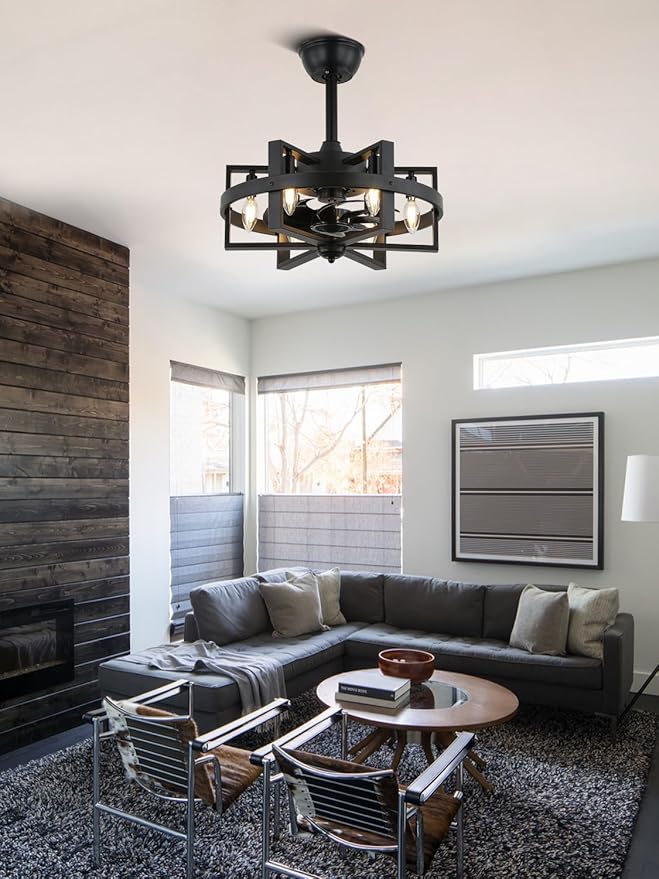 Black Caged Ceiling Fan with Light, 18.5" Modern Ceiling Fan with Lights and Remote, 6-Light Low Profile Ceiling Fans for Bedroom Living Room