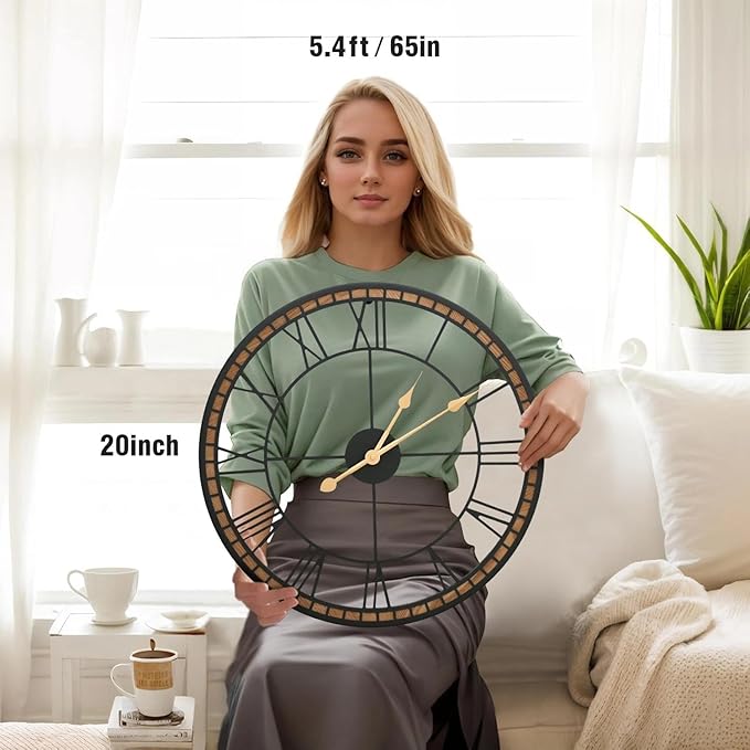 Micasso Non-Ticking Large Wall Clock : 20inch Modern Metal Black with Solid Wood Frame Silent Clock for Living Room/Bedroom/Kitchen - Home Decor for Fashion-Conscious (Style 2, 20-Inch)
