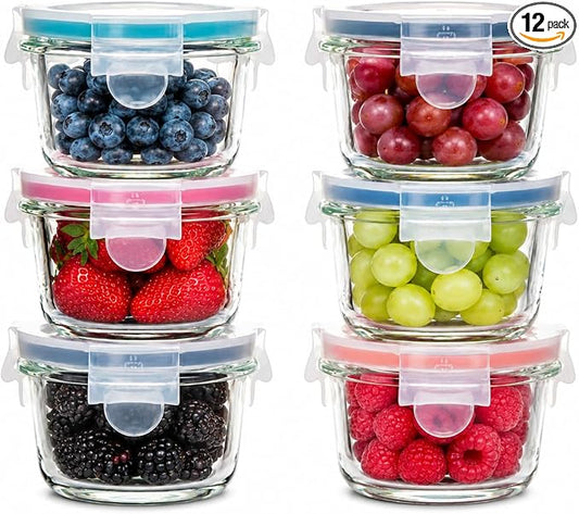 GENICOOK Borosilicate Glass Small Baby-Size Meal and Food Storage Containers, Round Shape - 12 pc Set (6 Containers - 6 Matching Lids)