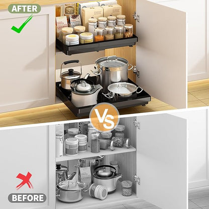 2 Pack Pull Out Cabinet Organizers Expandable (11.6''-17.5''), Plastic Slide Out Drawers for Kitchen, Bathroom, Pantry, Under Sink Storage, Pull Out Drawers Fixed with Adhesive Nano Film (Black)