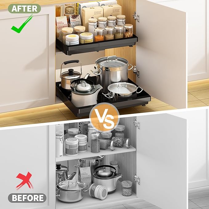 DOMNIU 2 Pack Pull Out Cabinet Organizers Expandable (13''-19''), Plastic Slide Out Drawers for Kitchen, Bathroom, Pantry, Under Sink Storage, Pull Out Drawers Fixed with Adhesive Nano Film (Black)
