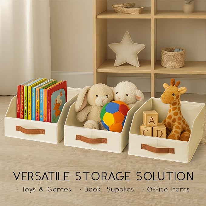 Homsorout Fabric Storage Bins for Organizing - 4 Pack Large Trapezoid Collapsible Storage Bins with Front Handle, Closet Organizers and Storage for Bedroom, Home Shelves, Small Spaces, Beige