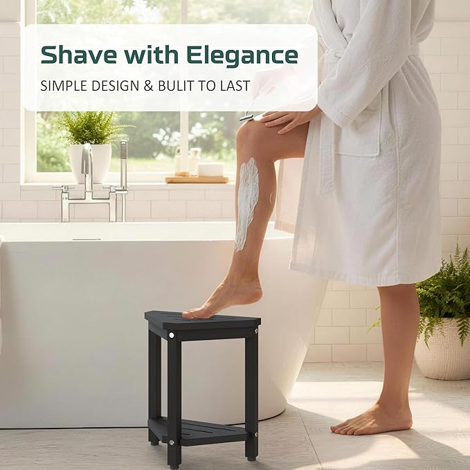 Shower Foot Rest 14in, HDPE Waterproof Shower Stool for Inside Shower, Corner Shower Stool for Shaving Legs with Storage Shelf, Shower Step Stool for Small Space, Plastic Corner Shower Bench, Black