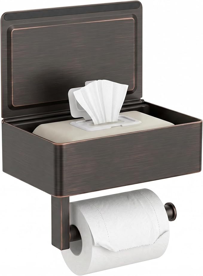 FORIOUS Toilet Paper Holder with Shelf, Sanitary Napkin Receptacle Tampon Holder, Wall Mount Toilet Paper Holder with Storage, Flushable Wipes Dispenser Fits for Bathroom Commercial(1, ORB)