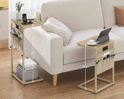 Vagusicc C Shaped End Table with Charging Station, 33" Tall Side Table for Couch, Sofa Table Adjustable Height Small Couch Side C Table, Slide Under Sofa Tray Table for Living Room, Bedroom, Natural