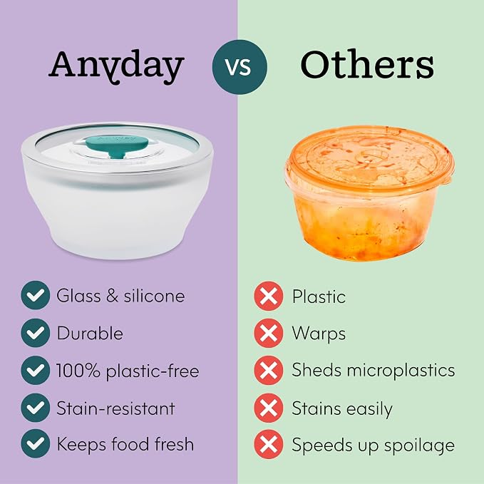 Anyday 4-Pc Microwave Cookware & Glass Food Storage Set with Glass Lids | Medium Plastic-Free Containers | Stackable Steamer with Vented Lid for Microwave-Safe Reheating & Steaming Vegetables, Rice