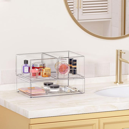 Vtopmart Stackable Storage Drawers Set of 3,Clear Plastic Organizer Bins for Makeup, Cosmetics, Beauty Supplies,Ideal for Vanity, Bathroom,Cabinet,Pantry Organization