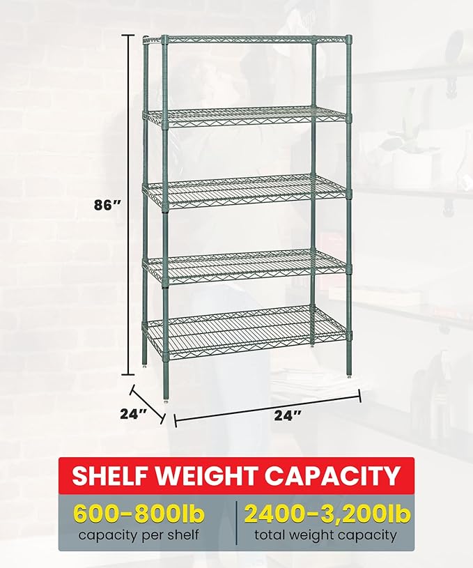 Quantum Storage Systems WR86-2424P-5 Wire Shelving Starter Kit, 24" W x 24" D x 86" H, 600 lbs Capacity, Carbon Steel, Epoxy Coated, Green, NSF