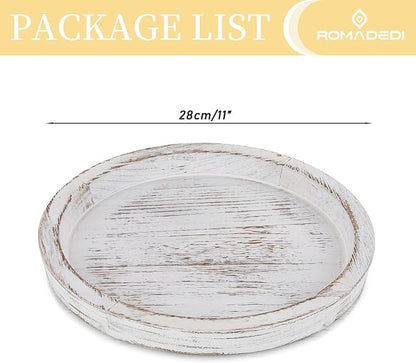 Romadedi Rustic Wooden Tray Candle Holder - Round Wood Decorative Pillar Candle Tray for Coffee Table Farmhouse Kitchen Countertop Organizer Home Decor Wedding Centerpiece, Distressed White