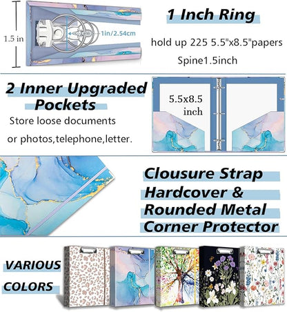 A5 Binder 3 Ring 1 Inch for 5.5"x8.5" Paper, Mini Three Ring Binders with Clipboard,5-Tab Dividers,Interior Pocket, Spine ID Label Holder, BVSSX Small Binder with Pen Holder,Blue Marble