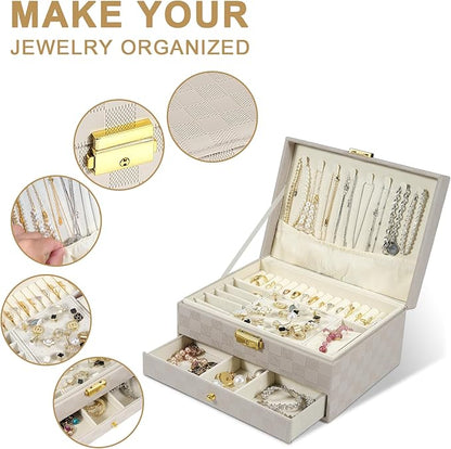 GUOER Jewelry Box for Women Girl Wife - Large PU Leather Jewelry Organizer Storage Case with Two Layers Display for Earrings Bracelets Rings Watches (Light Khaki)