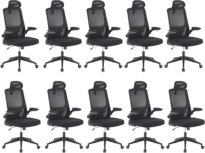 Office Computer Desk Chair, High Back Mesh Home Office Conference Room Chairs with Adjustable Headrest, Flip-Up Arms, Comfortable Lumbar Support, Black (Set of 10)